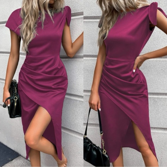 Luxe asymmetrical hem tulip sleeve satin midi dress red violet - Picture 4 of 4